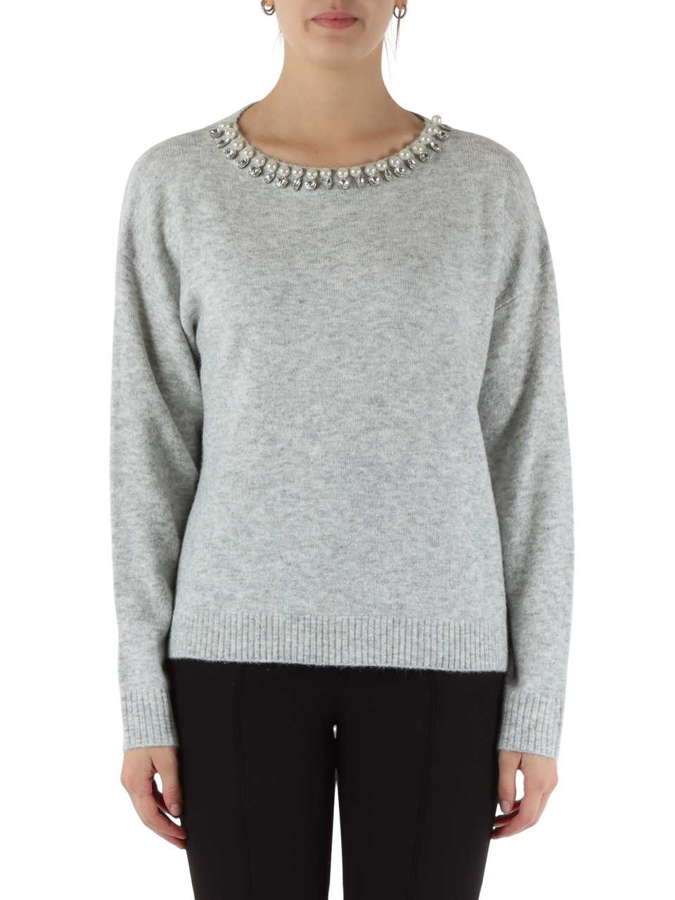GRIGIO CHIARO | Maglia in misto lana con pietre applicate