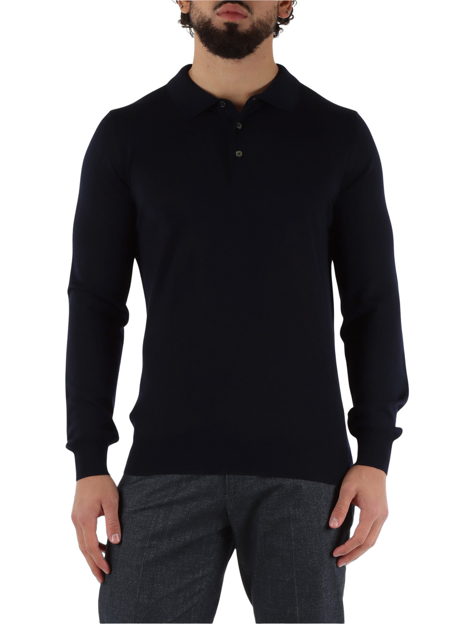 BLU SCURO | Maglia collo a polo in lana merino extrafine