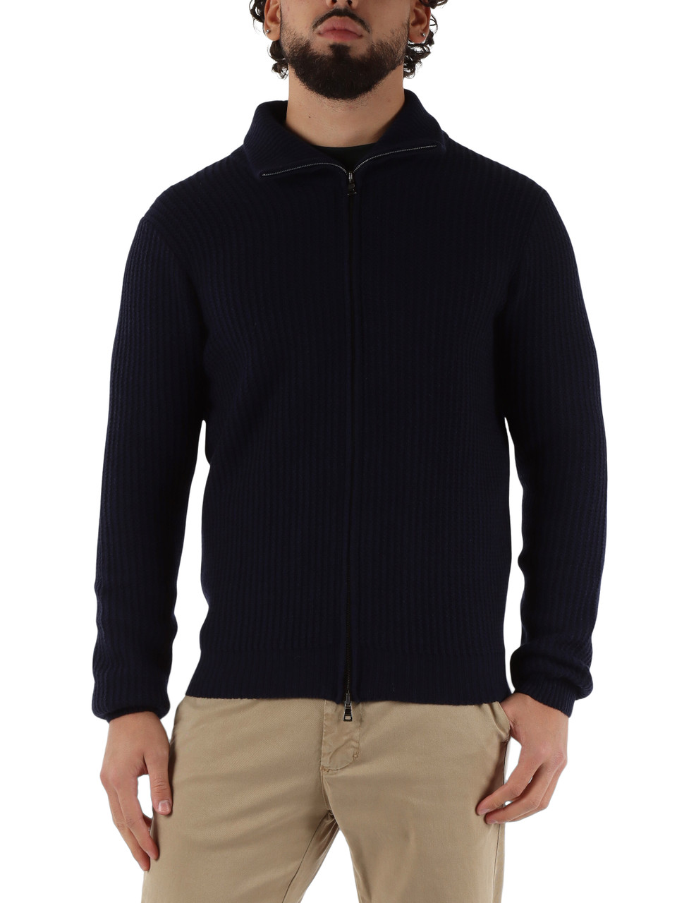 BLU SCURO | Cardigan con zip in lana merino extrafine