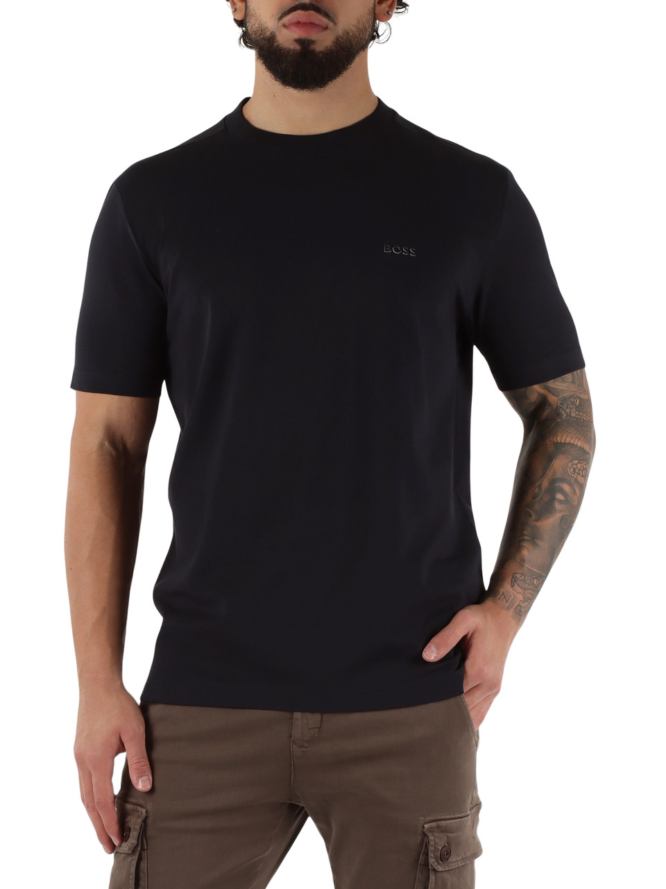 BLU SCURO | T-shirt in cotone stretch con scritta logo a rilievo