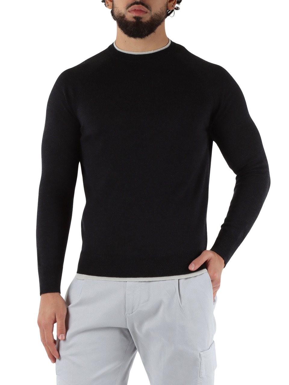 GRIGIO SCURO | Maglia girocollo in lana con dettagli a contrasto