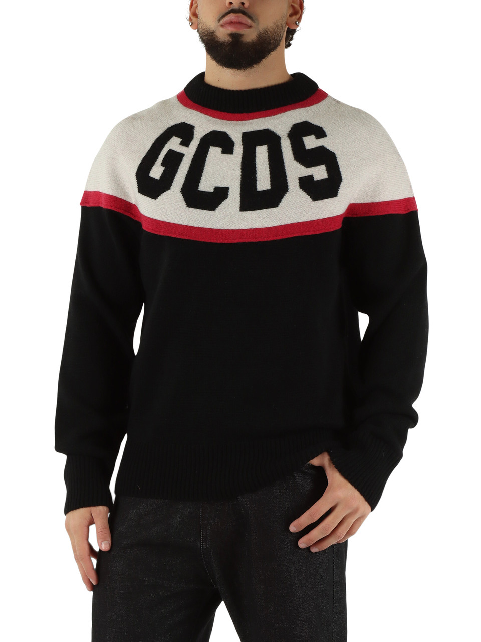 NERO | Maglia girocollo in misto lana con logo frontale