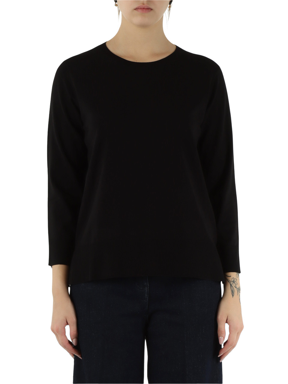 NERO | Maglia girocollo in misto viscose con logo a rilievo