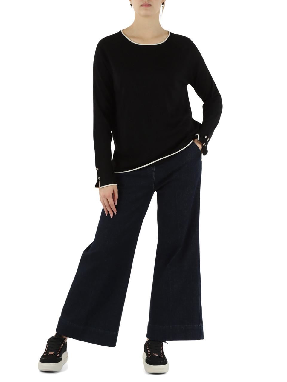 SCHWARZ | Pullover aus Woll-Viskose-Mischung mit kontrastierenden Details