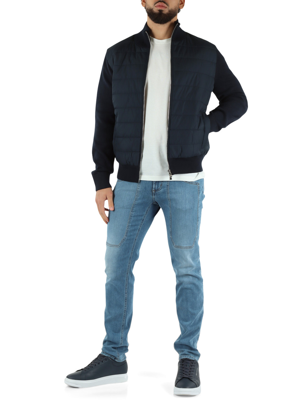 BLU SCURO | Cardigan con zip e pannello frontale trapuntato