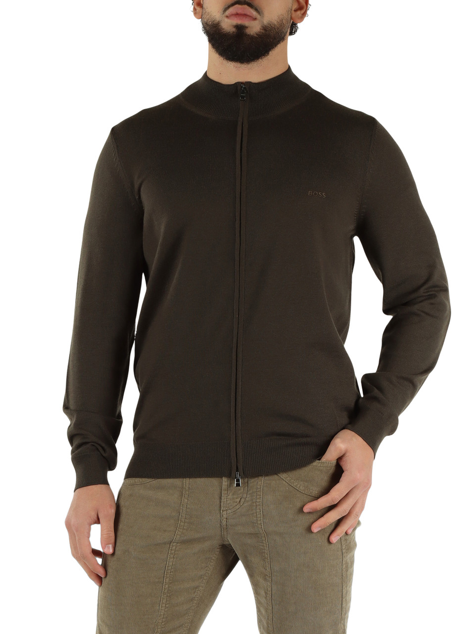 MARRONE | Cardigan con zip in lana vergine