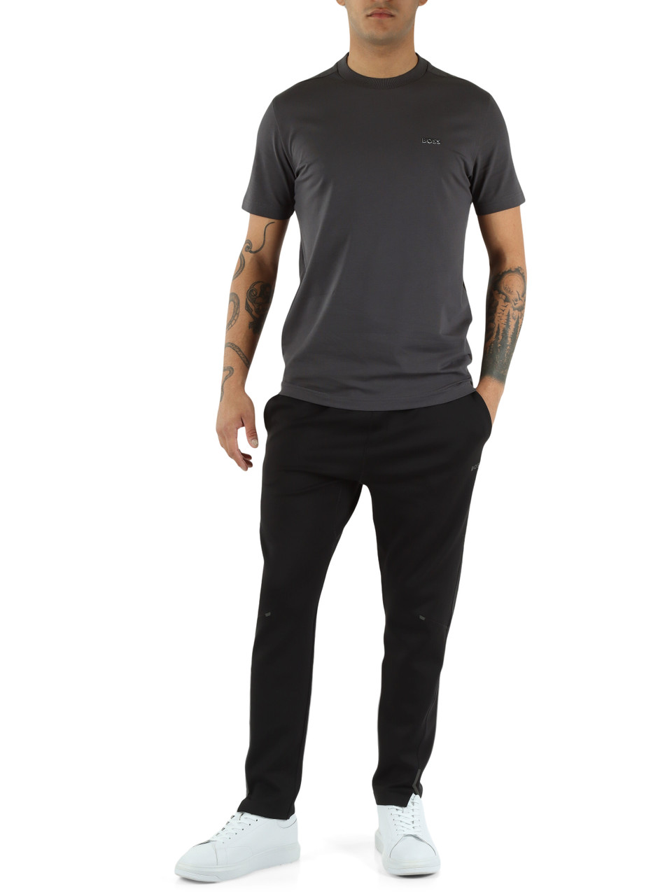 GRIGIO SCURO | T-shirt in cotone stretch con scritta logo a rilievo