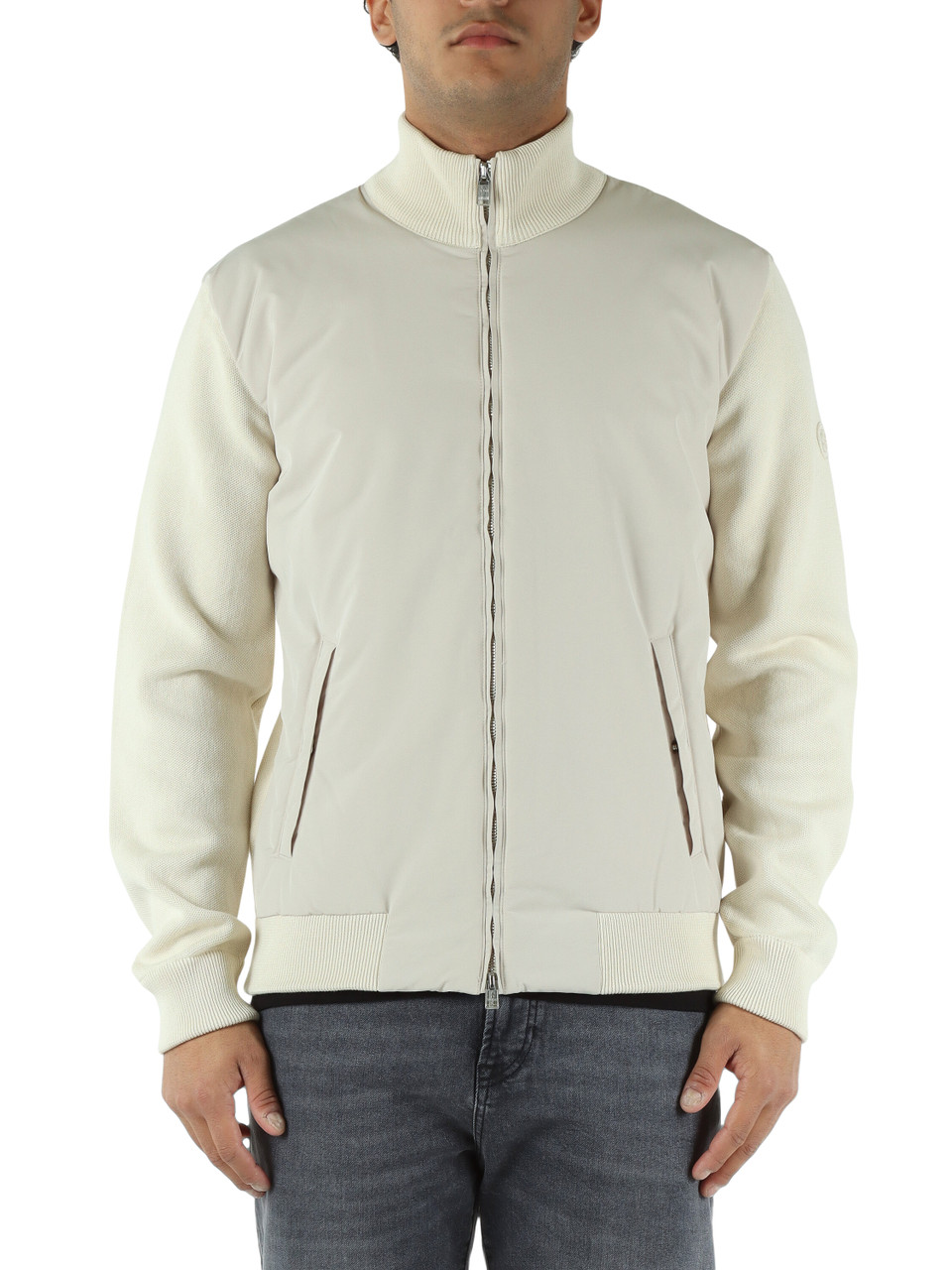 BEIGE | Cardigan con zip in cotone e tessuto tecnico