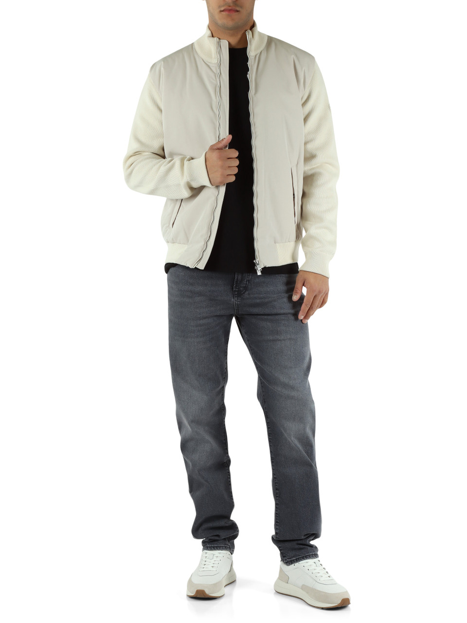 BEIGE | Cardigan con zip in cotone e tessuto tecnico