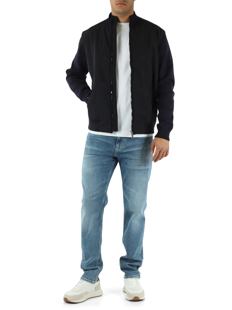 BLU SCURO | Cardigan con zip in cotone e tessuto tecnico