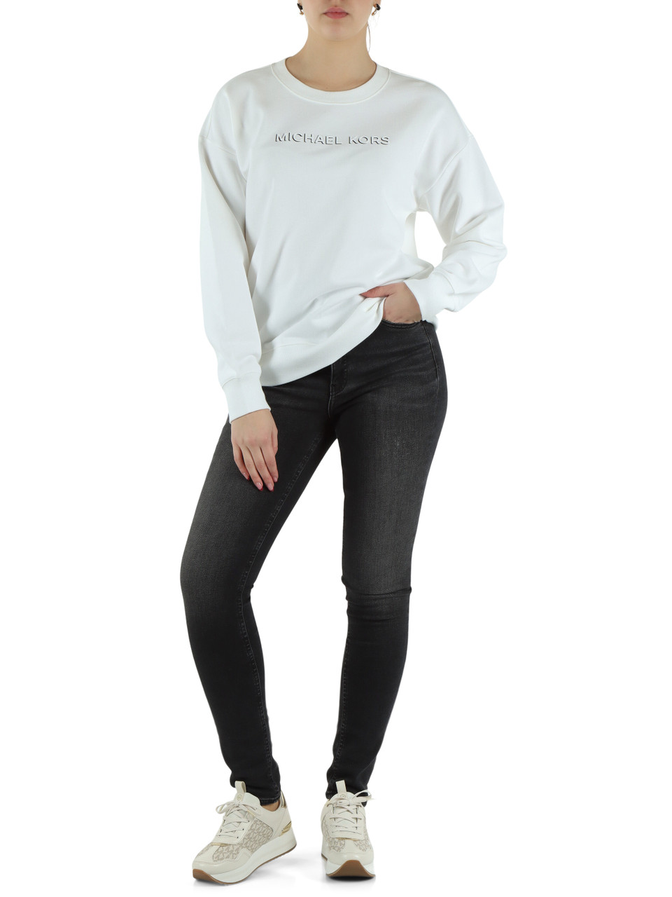 BIANCO | Felpa in cotone garzato con scritta logo a rilievo