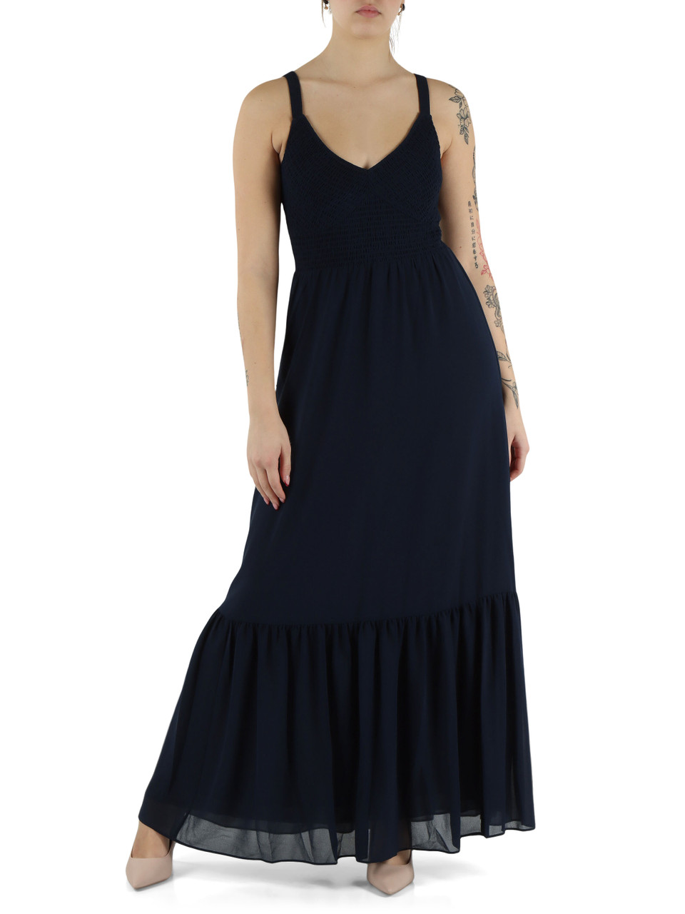 BLAU | Langes Kleid aus Smockstoff und Georgette