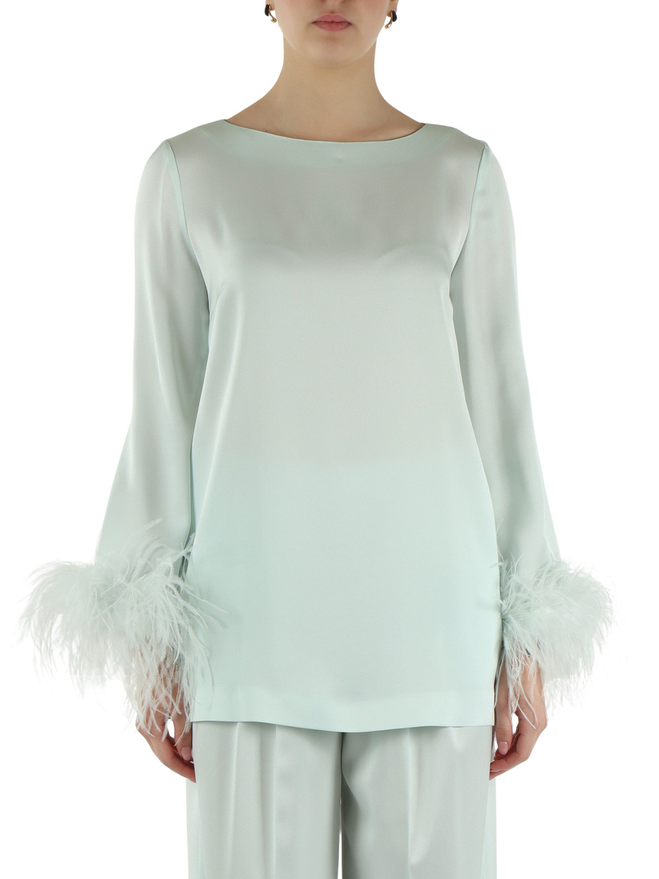 VERDE ACQUA | Blusa in satin con dettaglio piume rimovibile