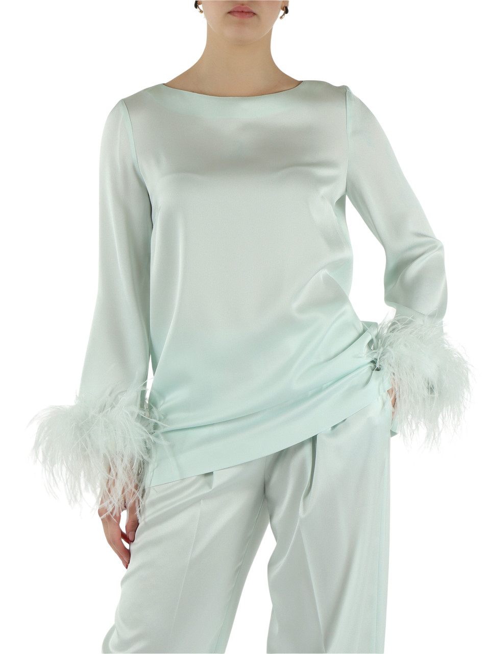 VERDE ACQUA | Blusa in satin con dettaglio piume rimovibile