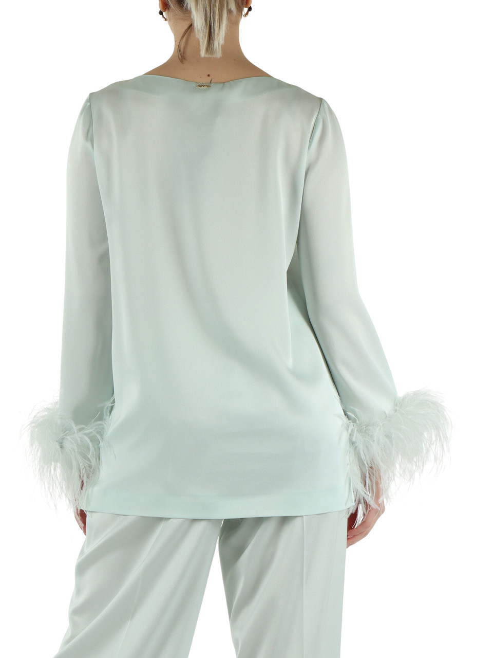 VERDE ACQUA | Blusa in satin con dettaglio piume rimovibile