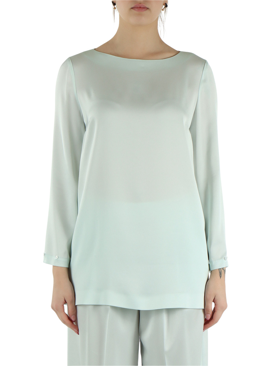 VERDE ACQUA | Blusa in satin con dettaglio piume rimovibile