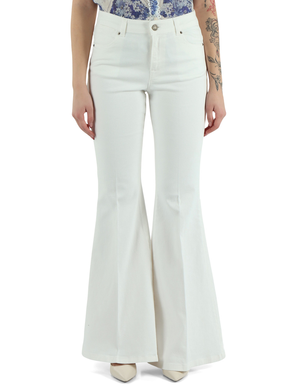 BIANCO | Pantalone a zampa in bull di cotone