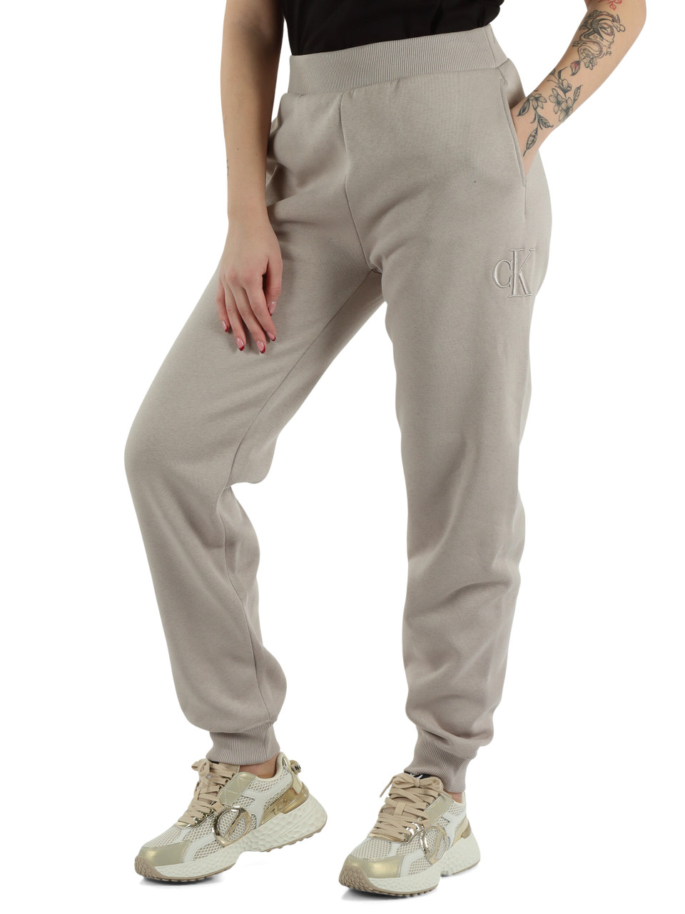 BEIGE | Pantaloni sportivi in cotone felpato con ricamo logo