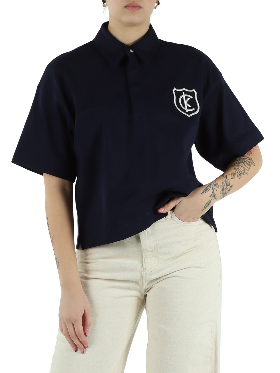 BLU SCURO | Polo oversize in cotone con ricamo logo