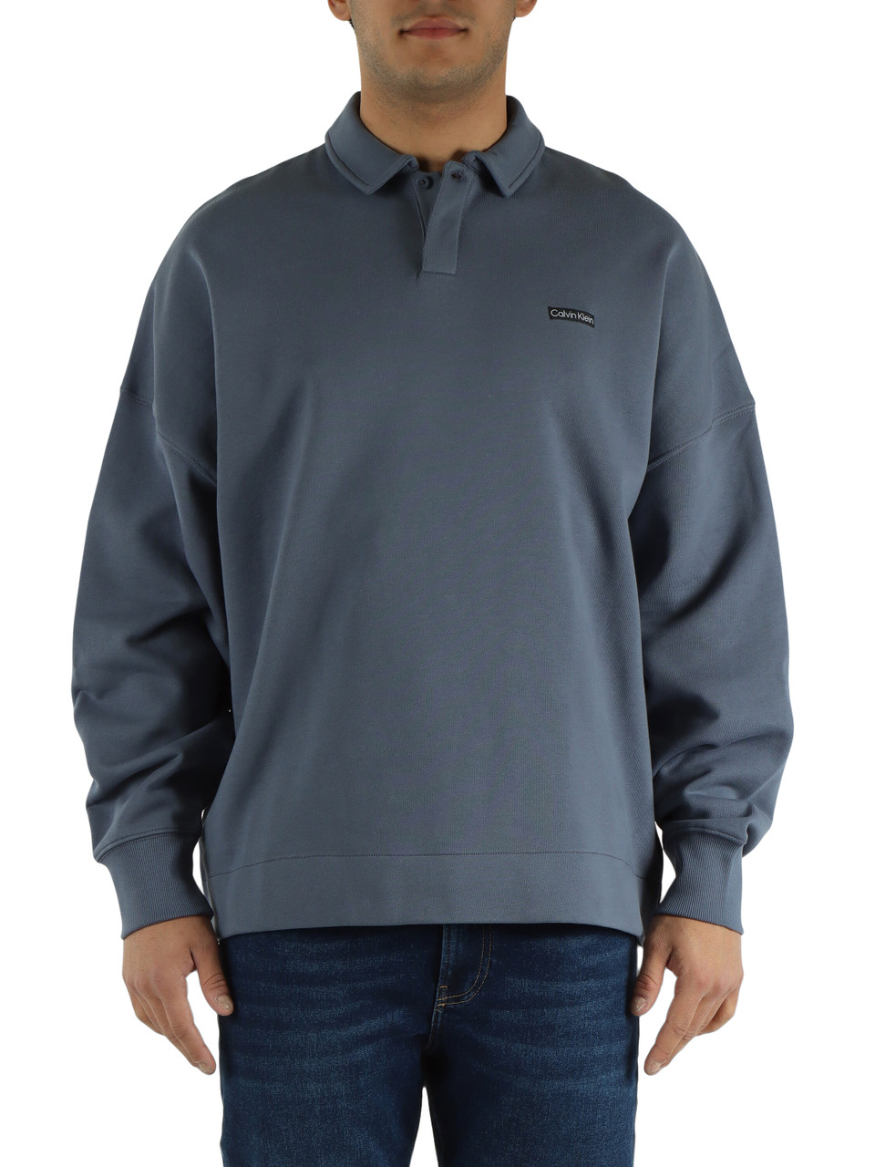 BLU CHIARO | Felpa in cotone garzato con colletto a polo