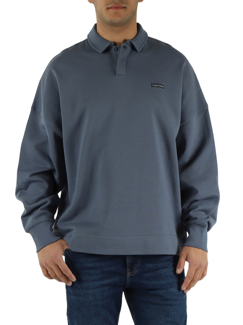 BLU CHIARO | Felpa in cotone garzato con colletto a polo