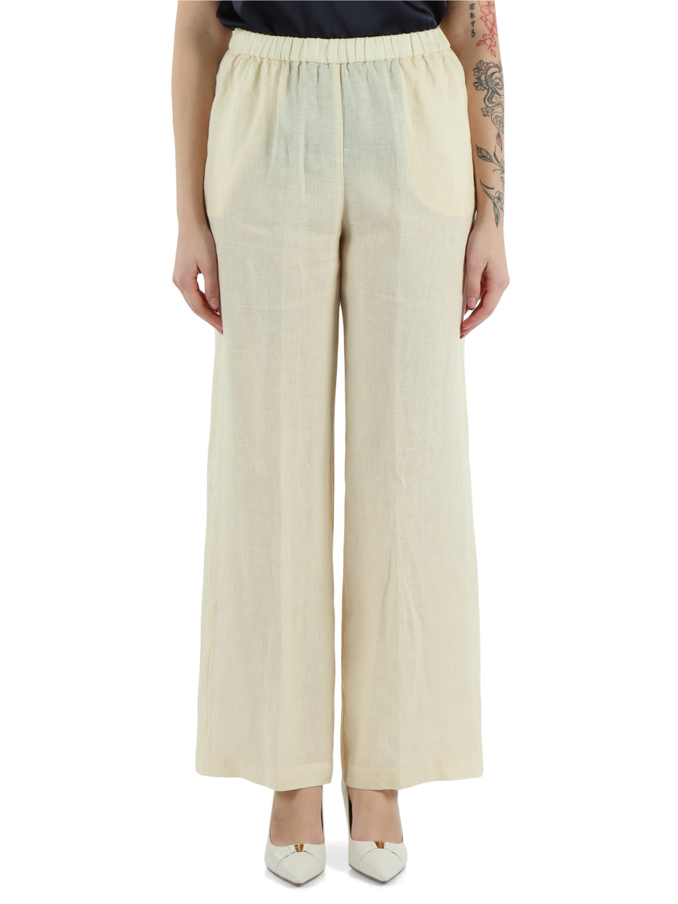 CREMA | Pantalone gamba larga in lino