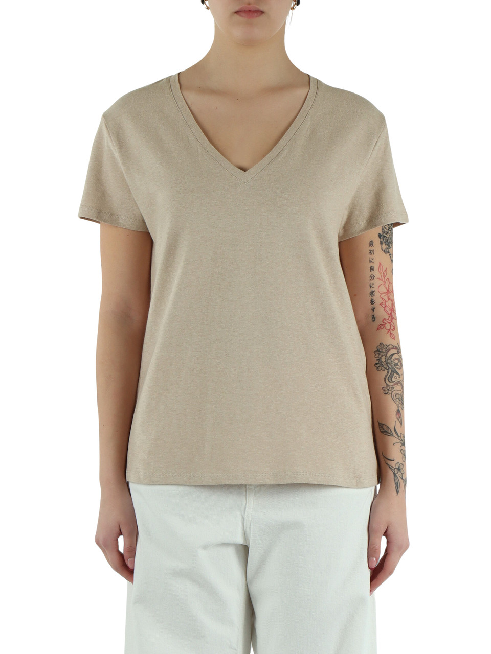 BEIGE | V-Ausschnitt T-Shirt aus Leinen und Baumwolle