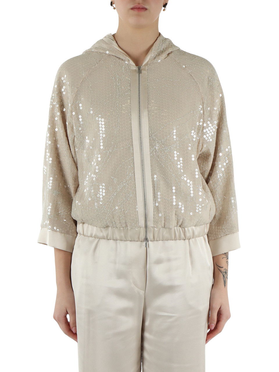 BEIGE | Giacchino con cappuccio e paillettes ricamate