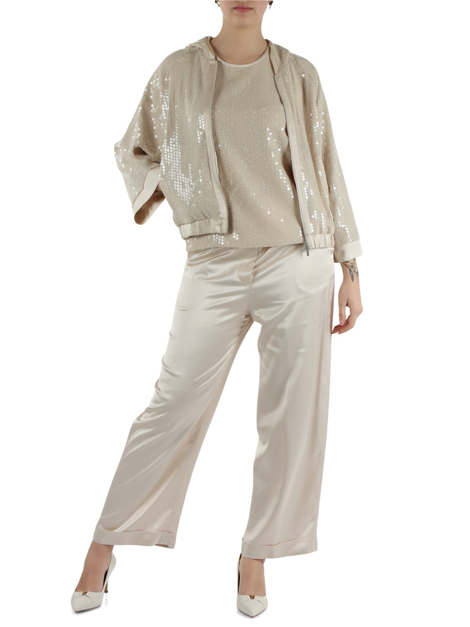 BEIGE | Giacchino con cappuccio e paillettes ricamate