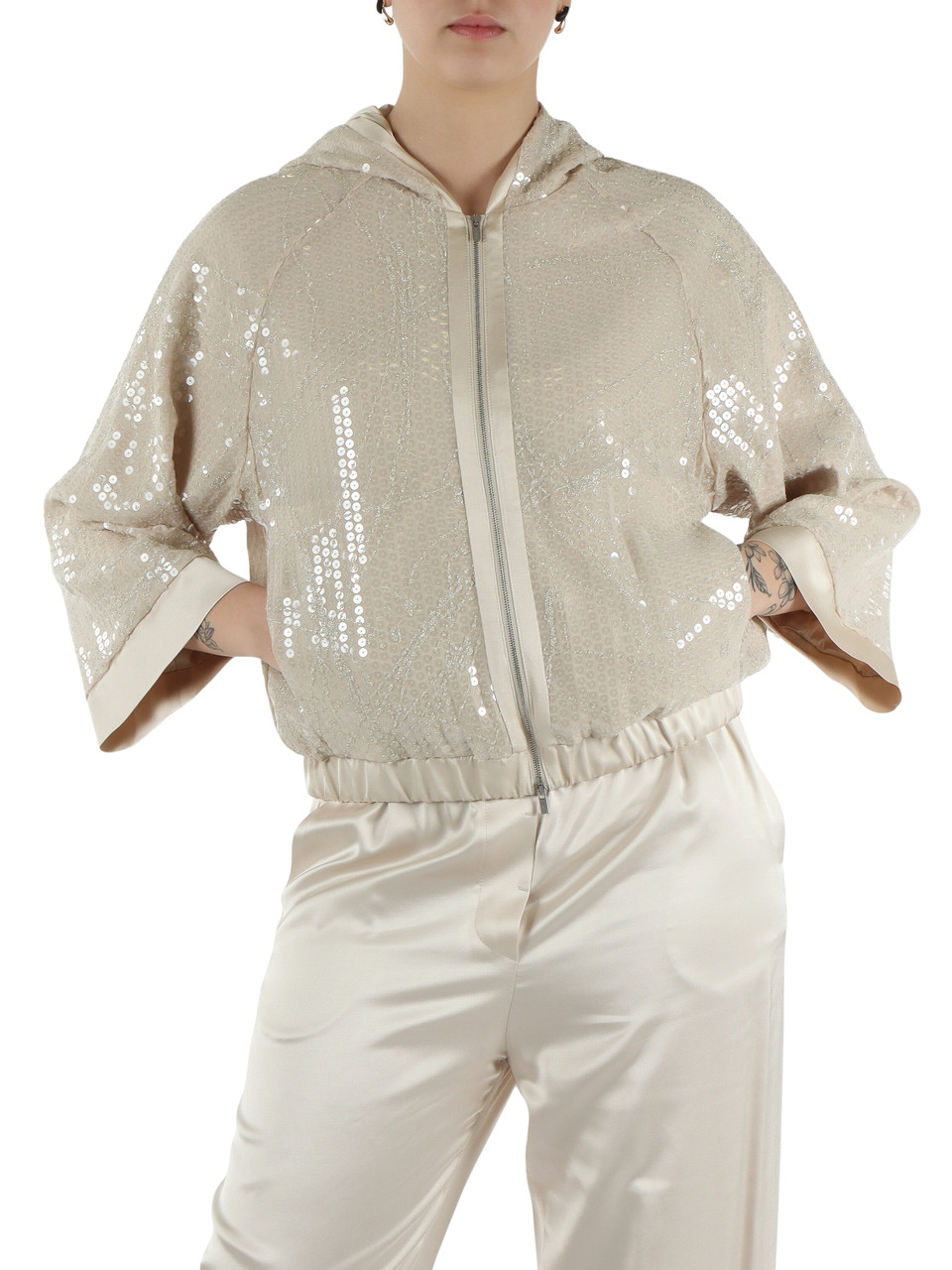 BEIGE | Giacchino con cappuccio e paillettes ricamate