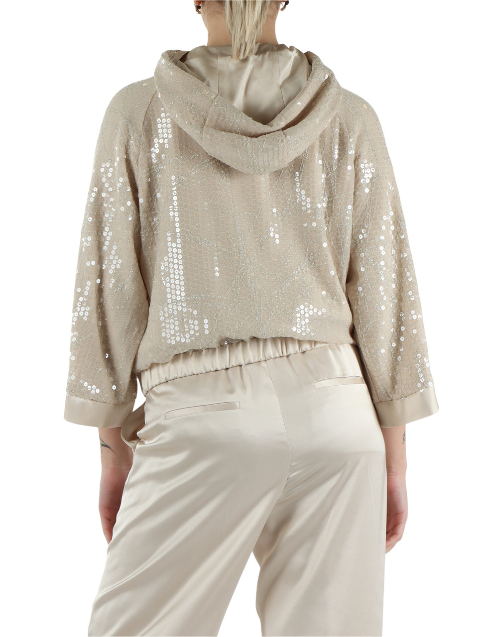 BEIGE | Giacchino con cappuccio e paillettes ricamate