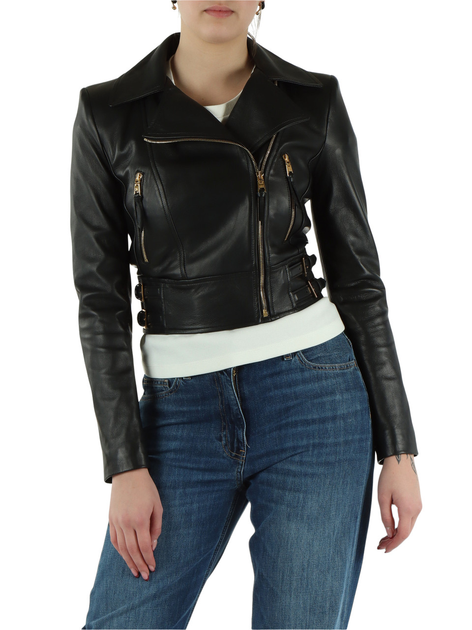 NERO | Chiodo in pelle cropped con spalline