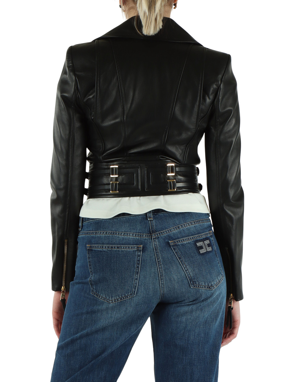 NERO | Chiodo in pelle cropped con spalline