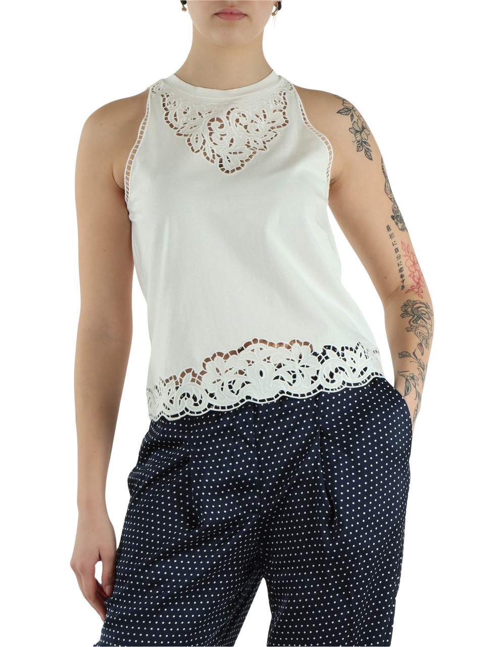 BIANCO | Top in cotone con ricami a intarsio