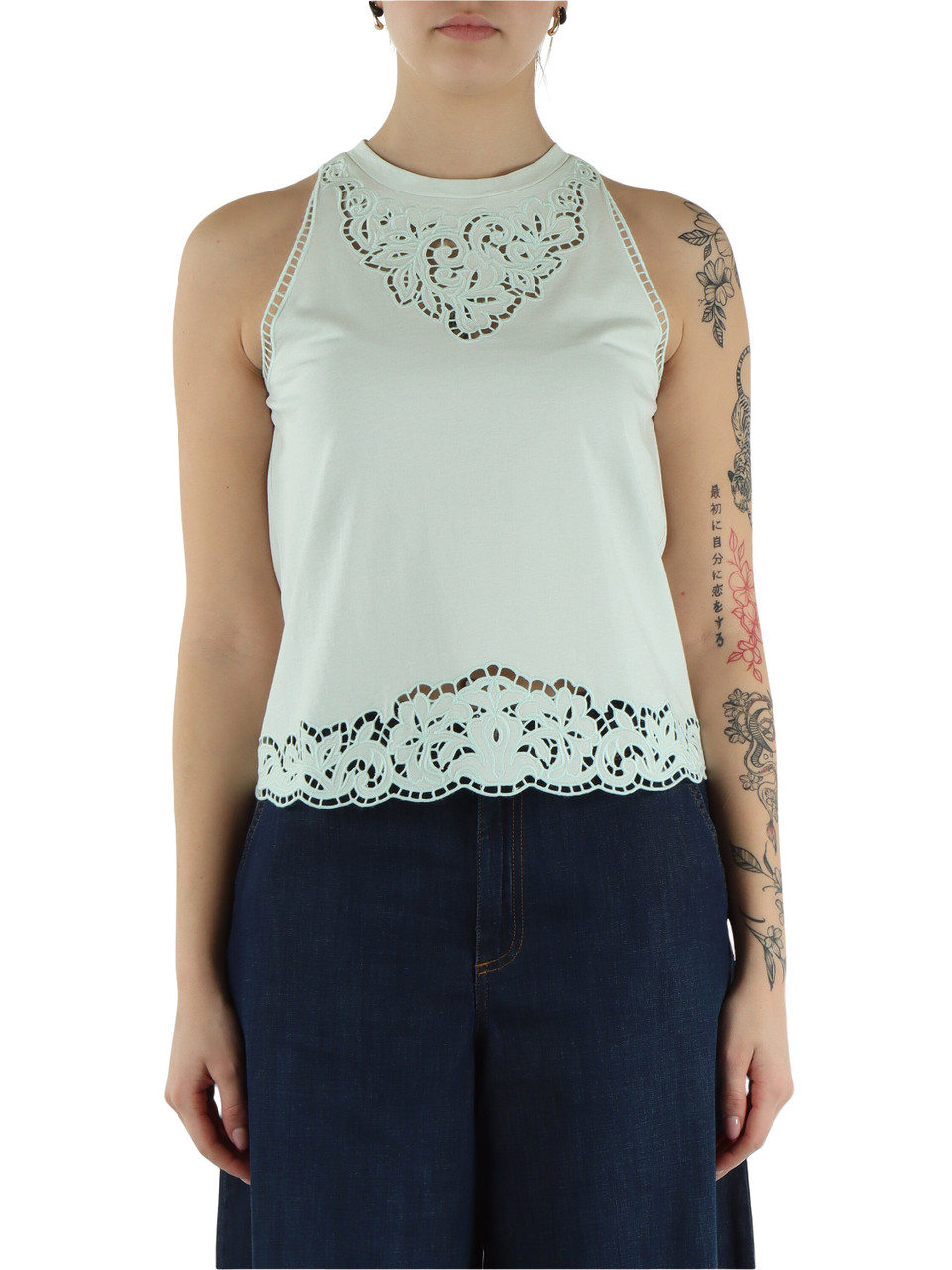 VERDE ACQUA | Top in cotone con ricami a intarsio