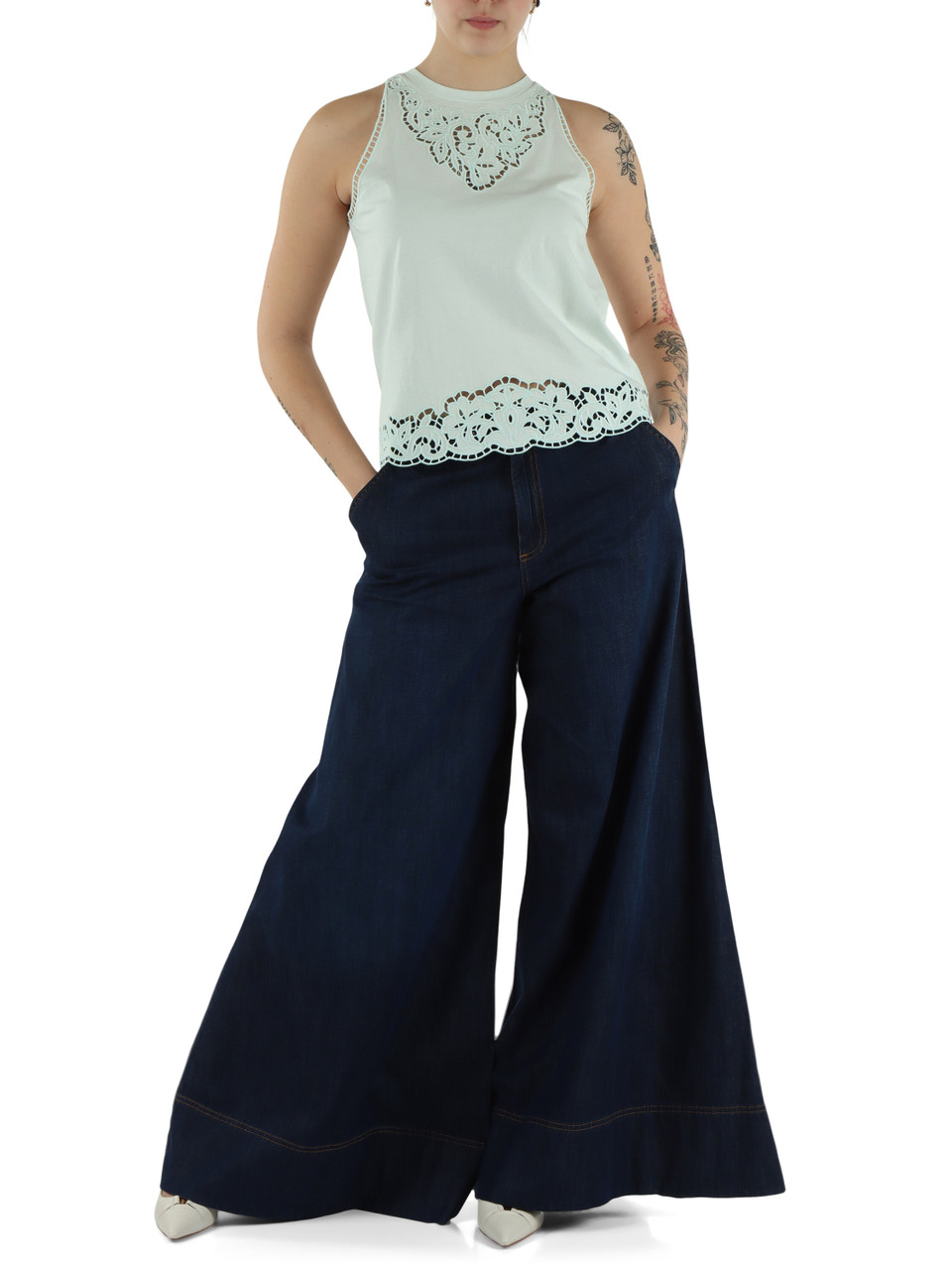 VERDE ACQUA | Top in cotone con ricami a intarsio