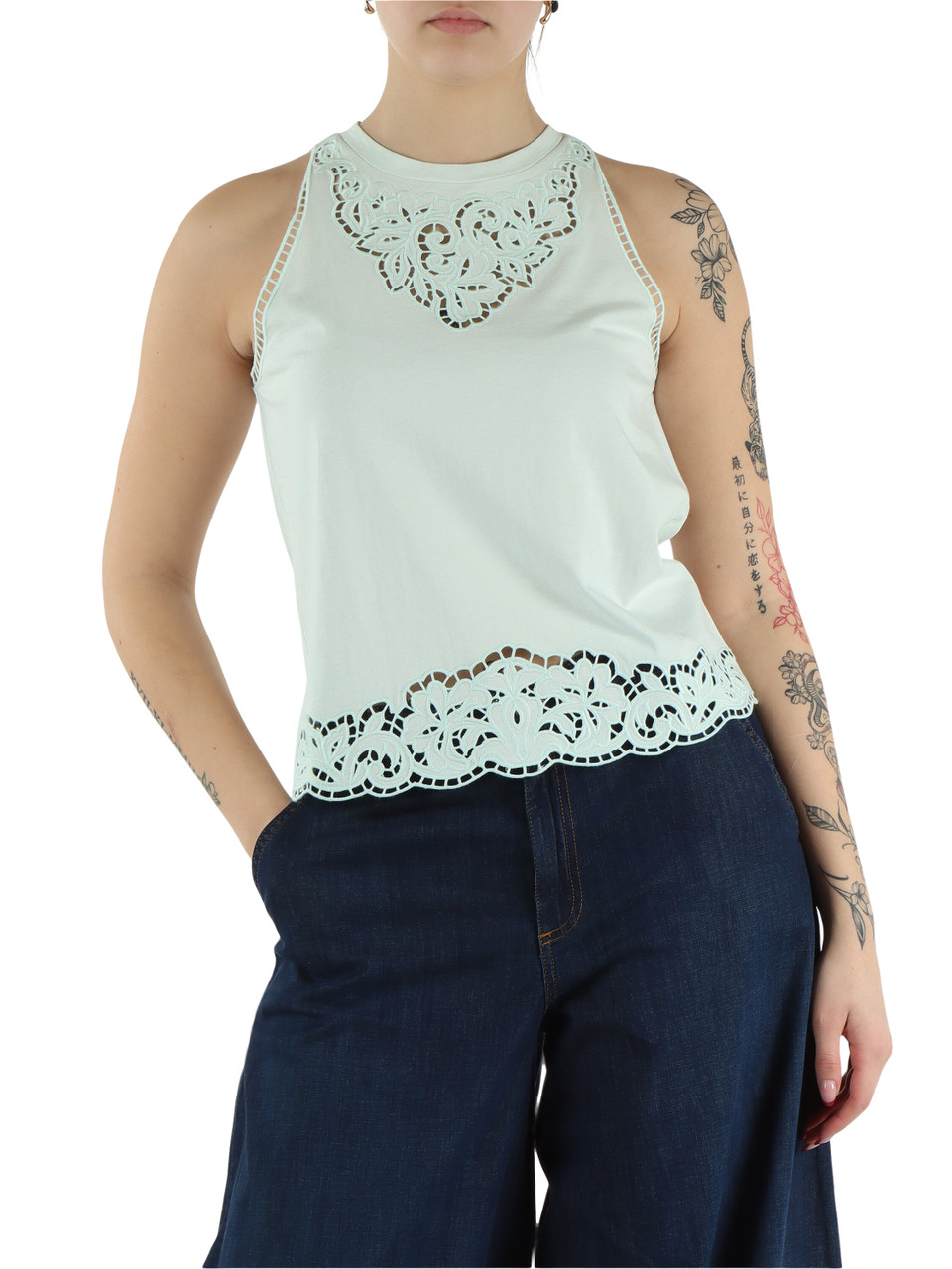 VERDE ACQUA | Top in cotone con ricami a intarsio