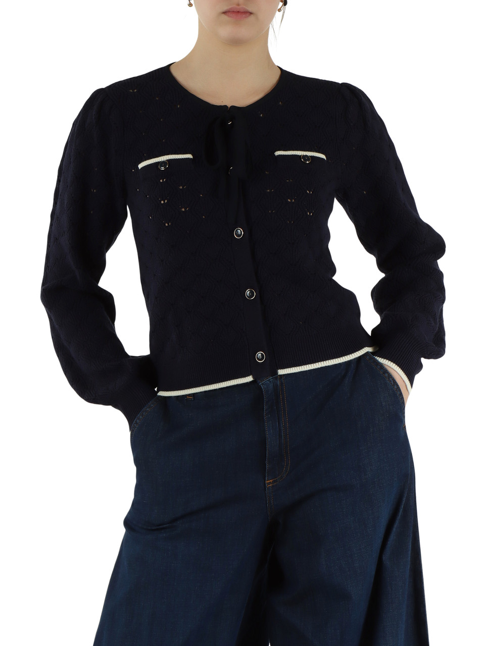 BLU SCURO | Cardigan in misto viscosa con dettagli a contrasto