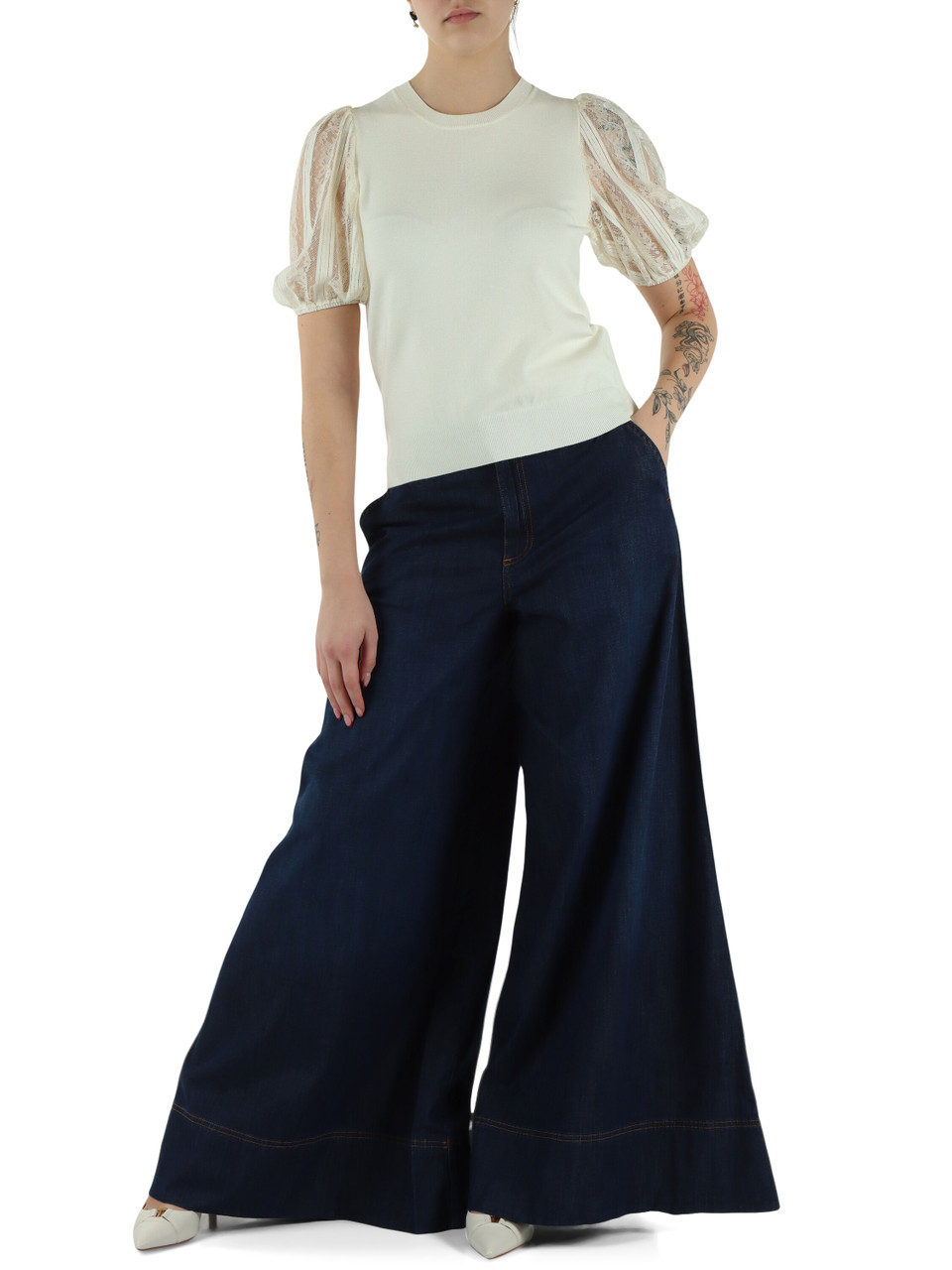 BLU SCURO | Pantalone jeans gamba larga con tasche alla francese