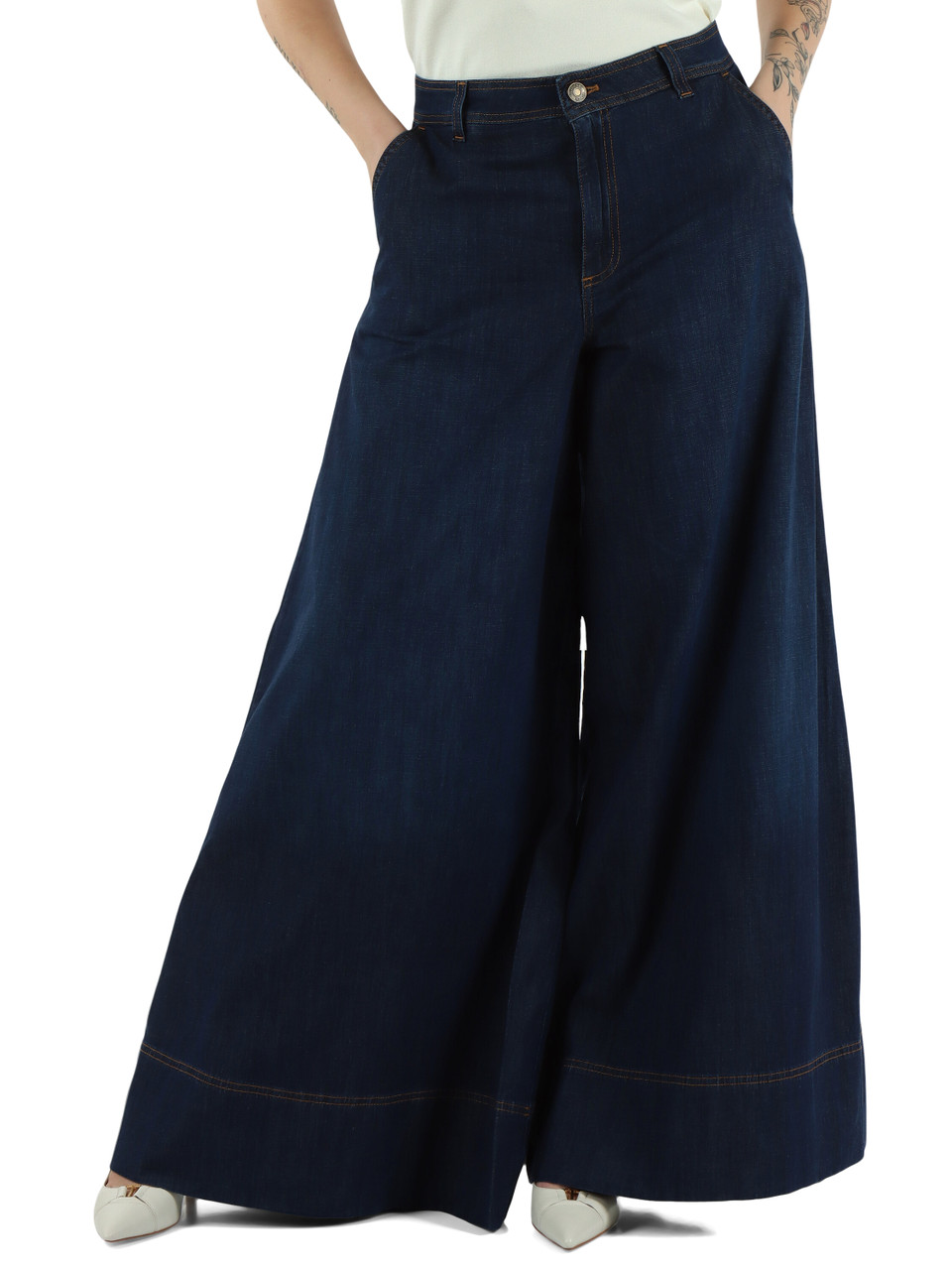 BLU SCURO | Pantalone jeans gamba larga con tasche alla francese