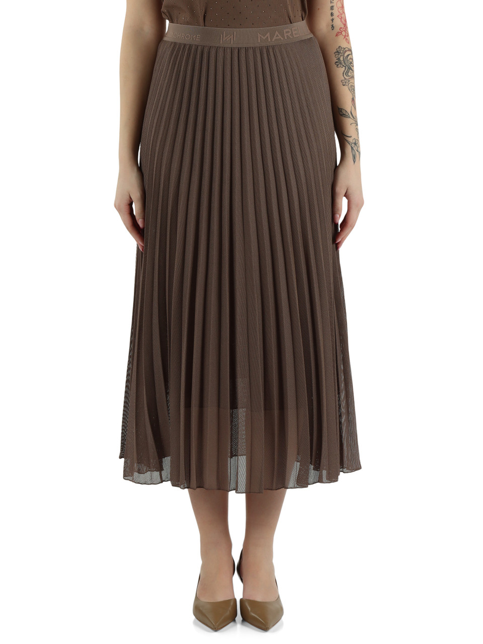 MARRONE | MONOCHROME: Gonna plissè in rete tecnica GABBIA