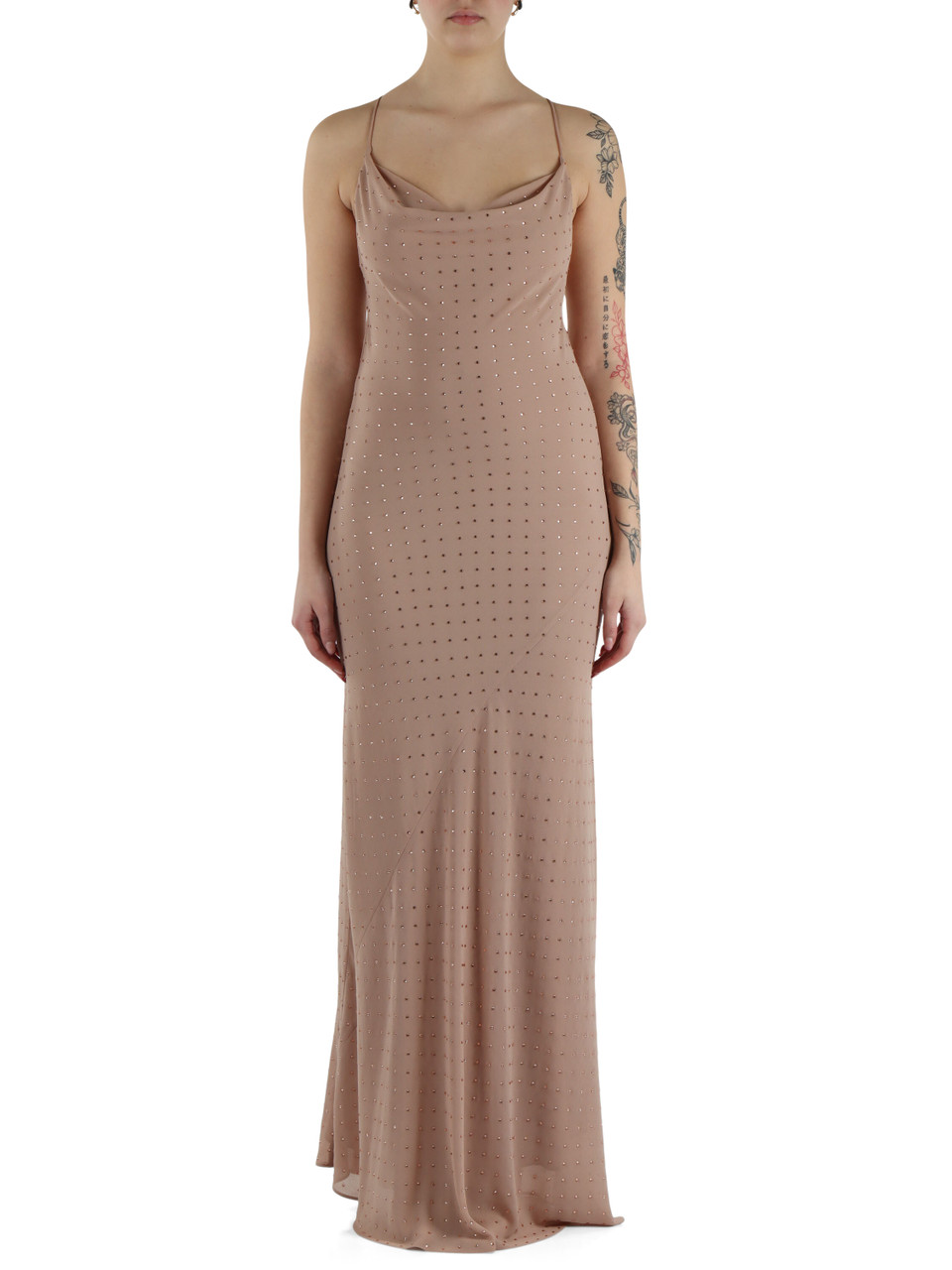 NUDE | Abito lungo FARRO in crepe de chine con strass