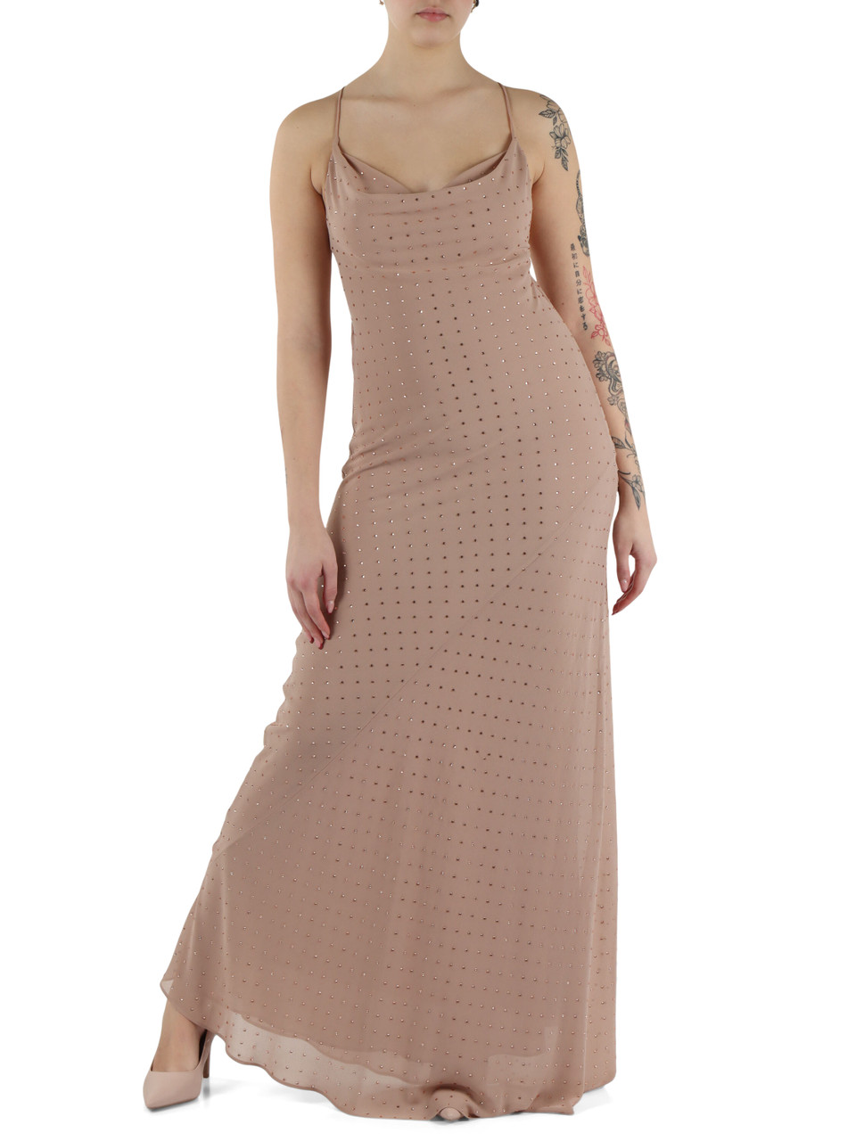 NUDE | Abito lungo FARRO in crepe de chine con strass
