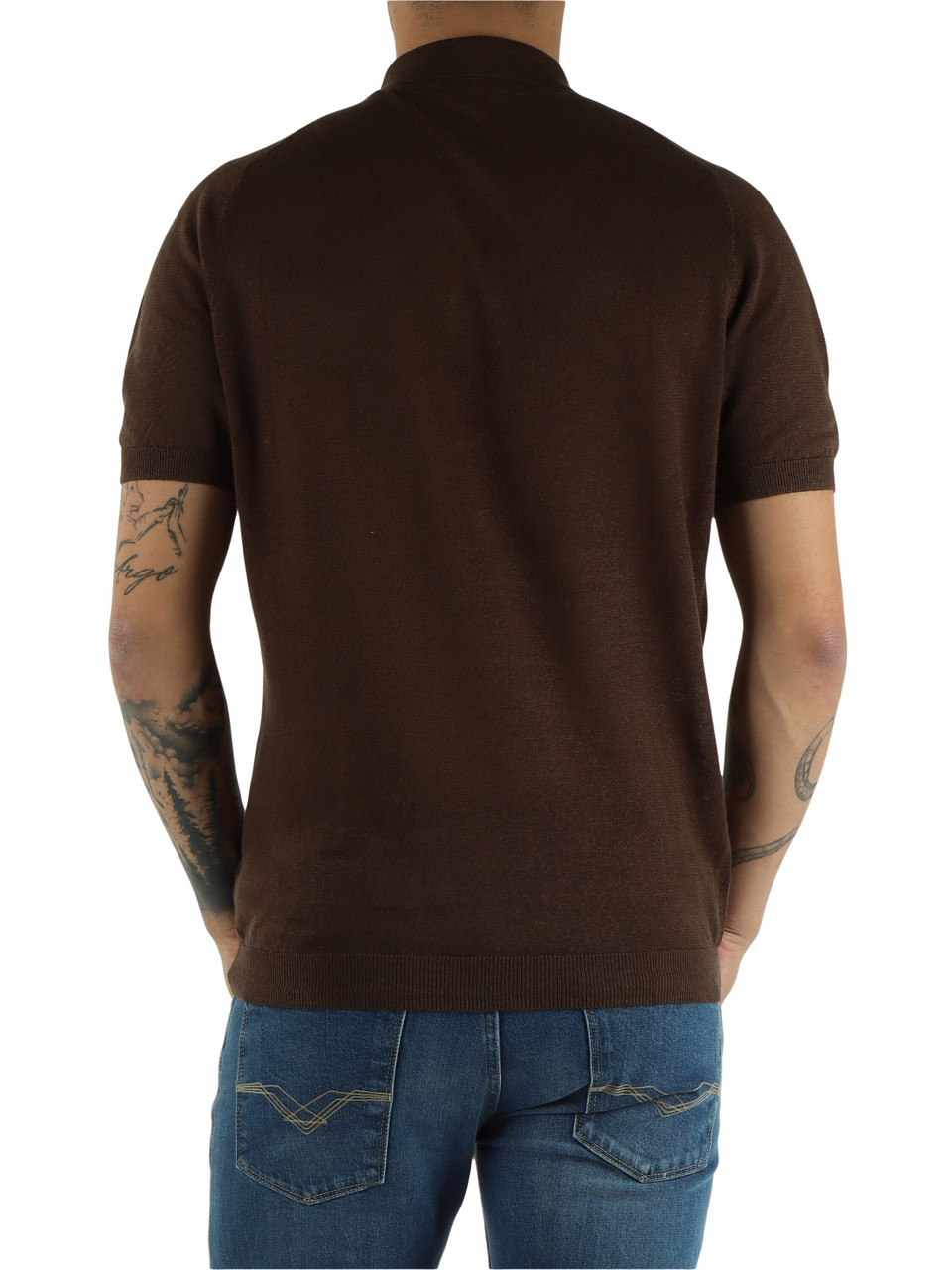 MARRONE | Polo in maglina di lino con ricamo logo
