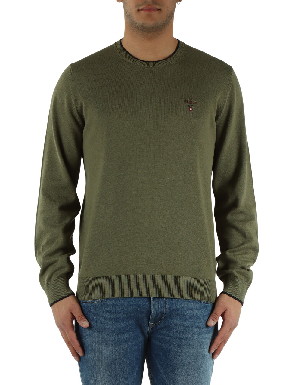 VERDE MILITARE | Maglia girocollo in cotone con ricamo logo