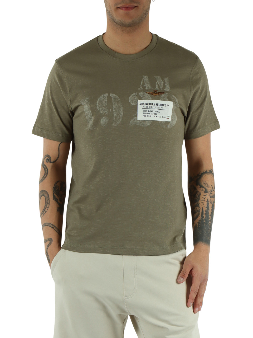 VERDE MILITARE | T-shirt in cotone fiammato regular fit con patch logo