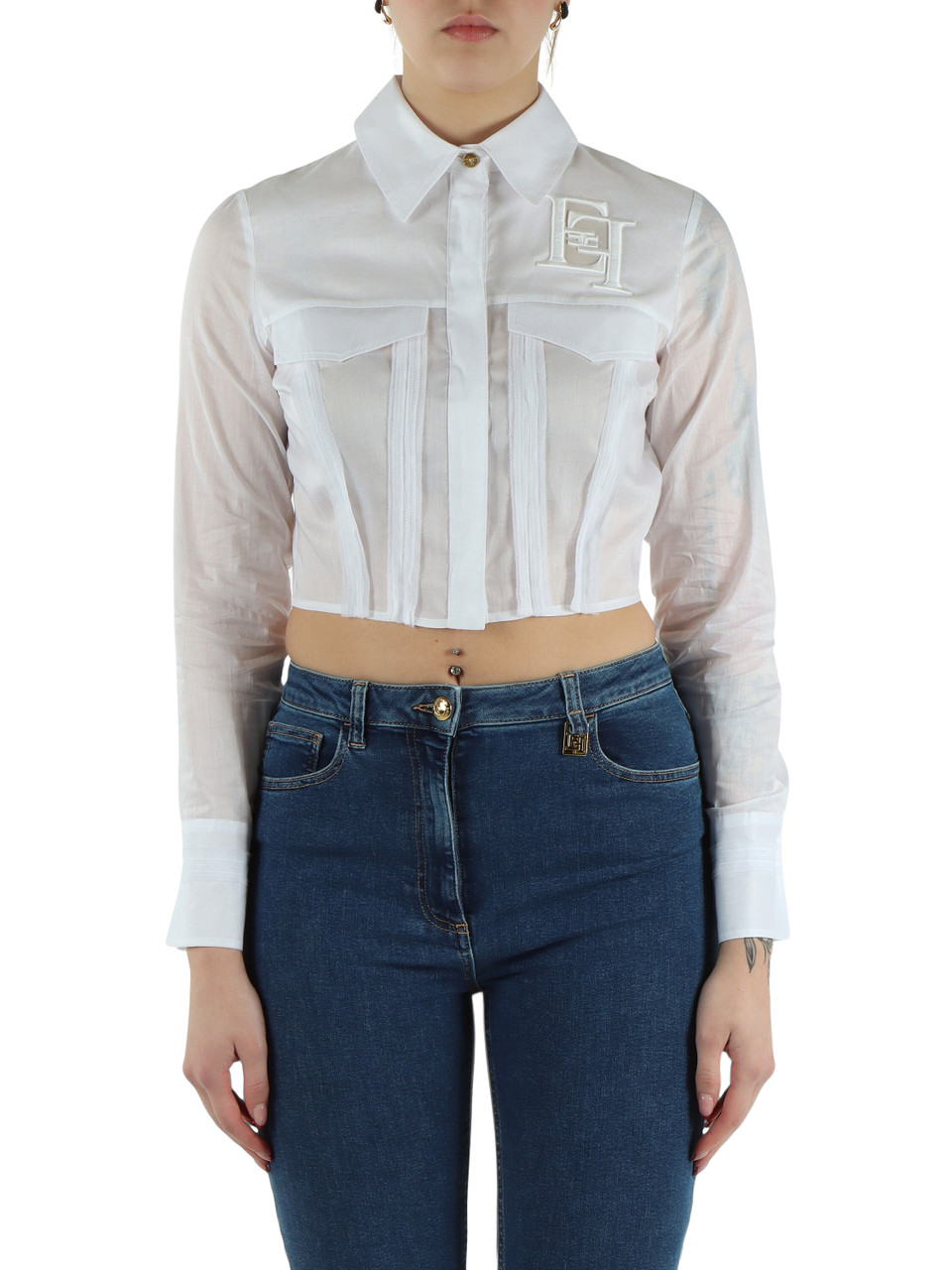 BIANCO | Camicia cropped in cotone con ricamo logo