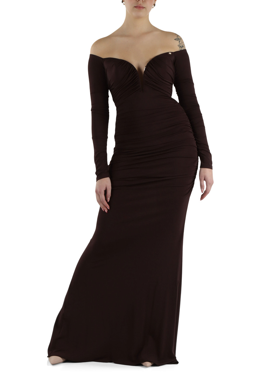 MARRONE | Abito lungo Red Carpet drappeggiato in jersey crepe