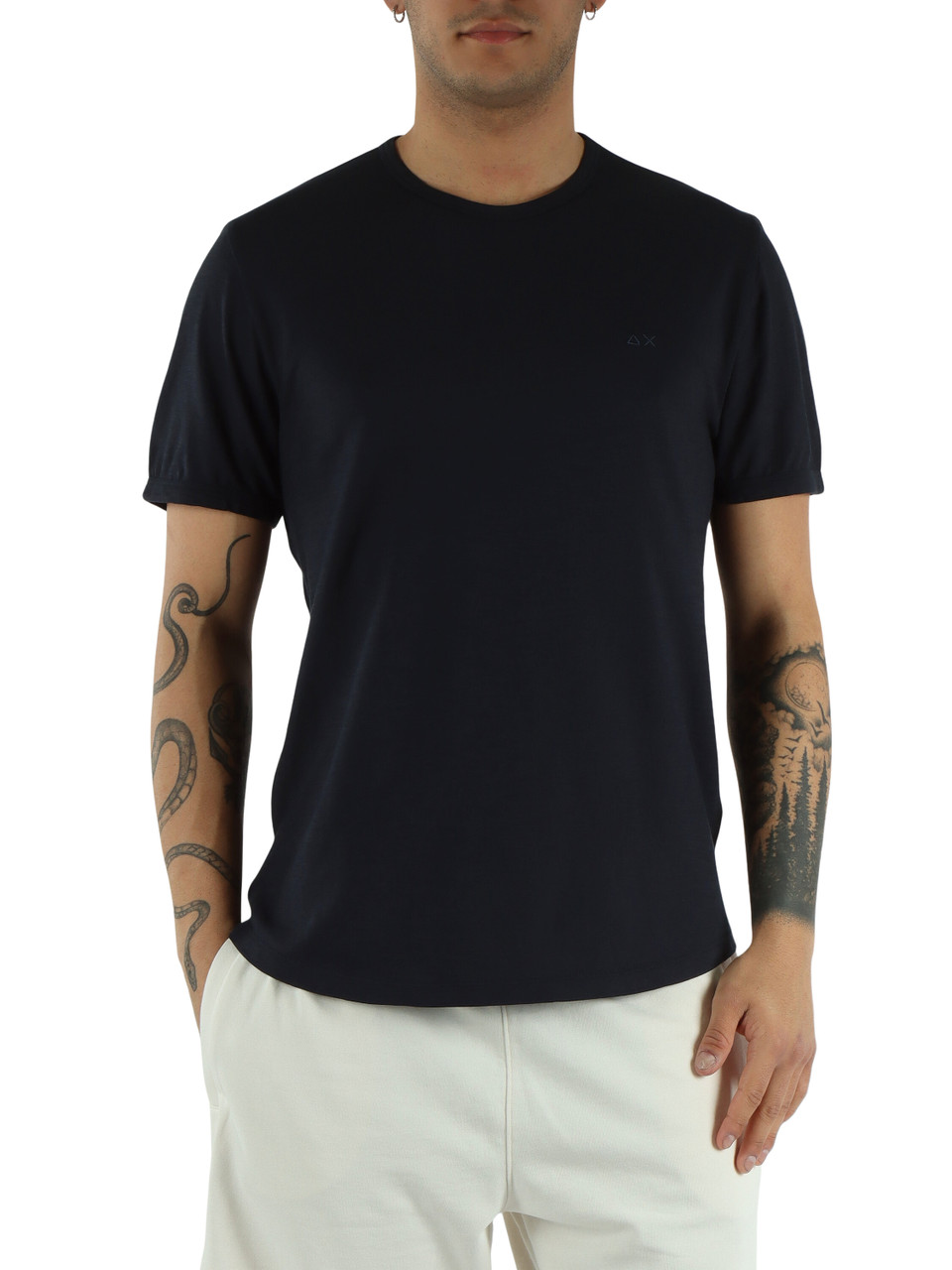 BLU SCURO | T-shirt in cotone fiammato con ricamo logo