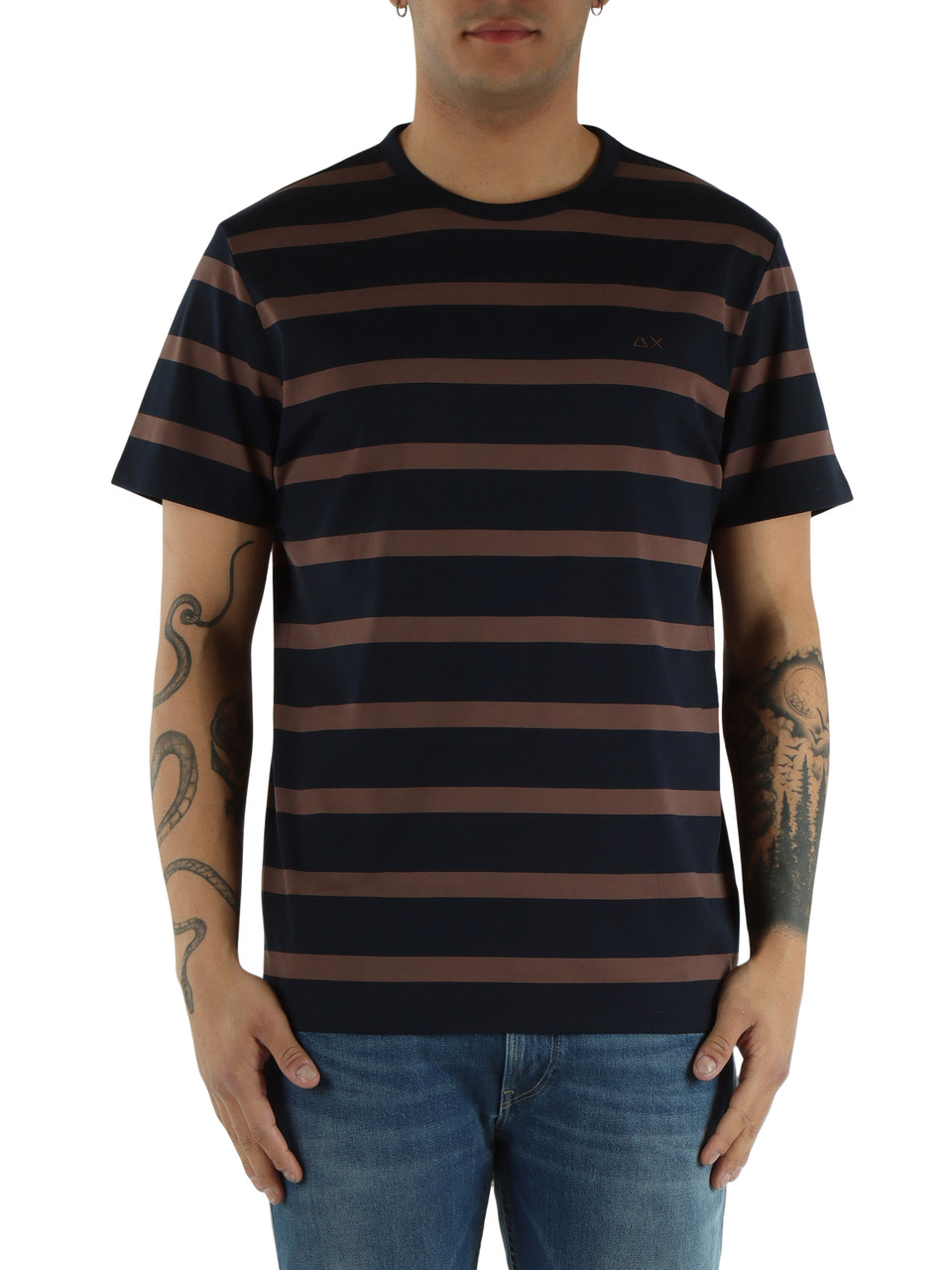 Dunkelblau | Mercerisierte Baumwoll-T-Shirt mit Streifen